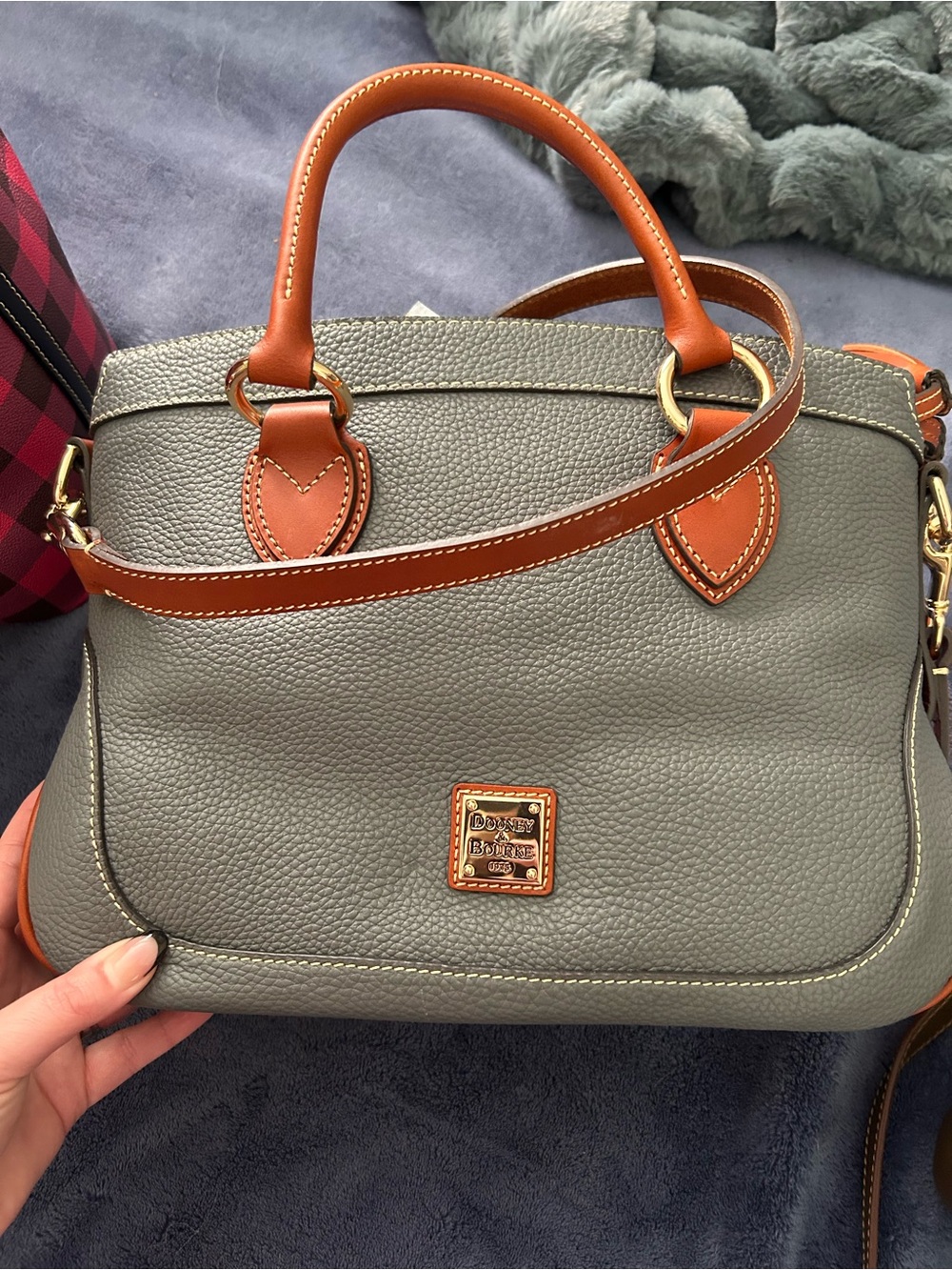 Dooney & Bourke Gray Pebble Leather Satchel with Tan Leather Trim